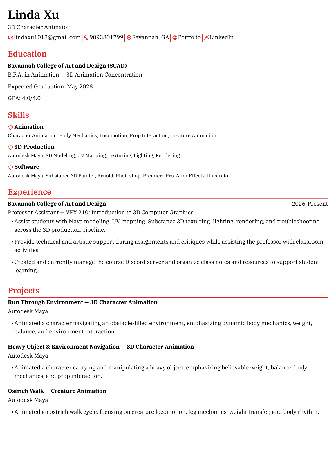 Preview of Linda Xu's character animation resume