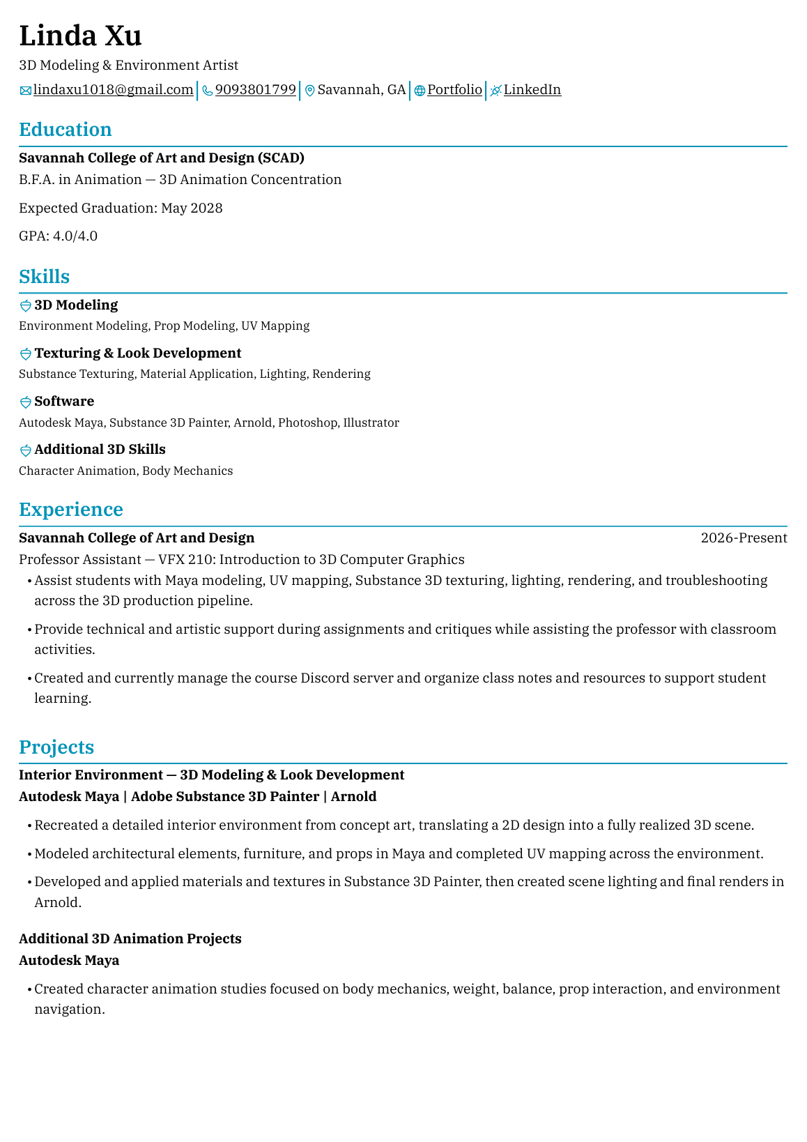 Preview of Linda Xu's 3D modeling and environment resume